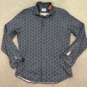 Emanuel Berg Men Large 16.5 Modern Fit Blue Geometric Print Cotton Stretch Shirt